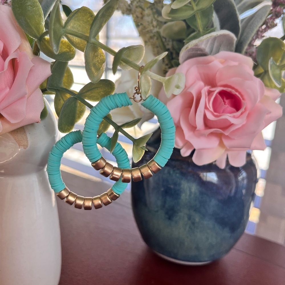 Flat Circle Disc Beaded Drop Earrings with Gold Tone Accents